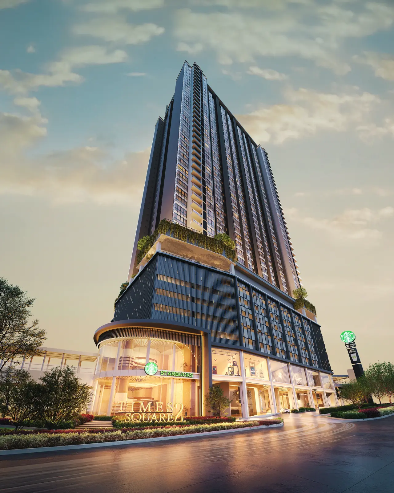 Times Square 2 architectural facade render towering above Bukit Bintang, Kuala Lumpur