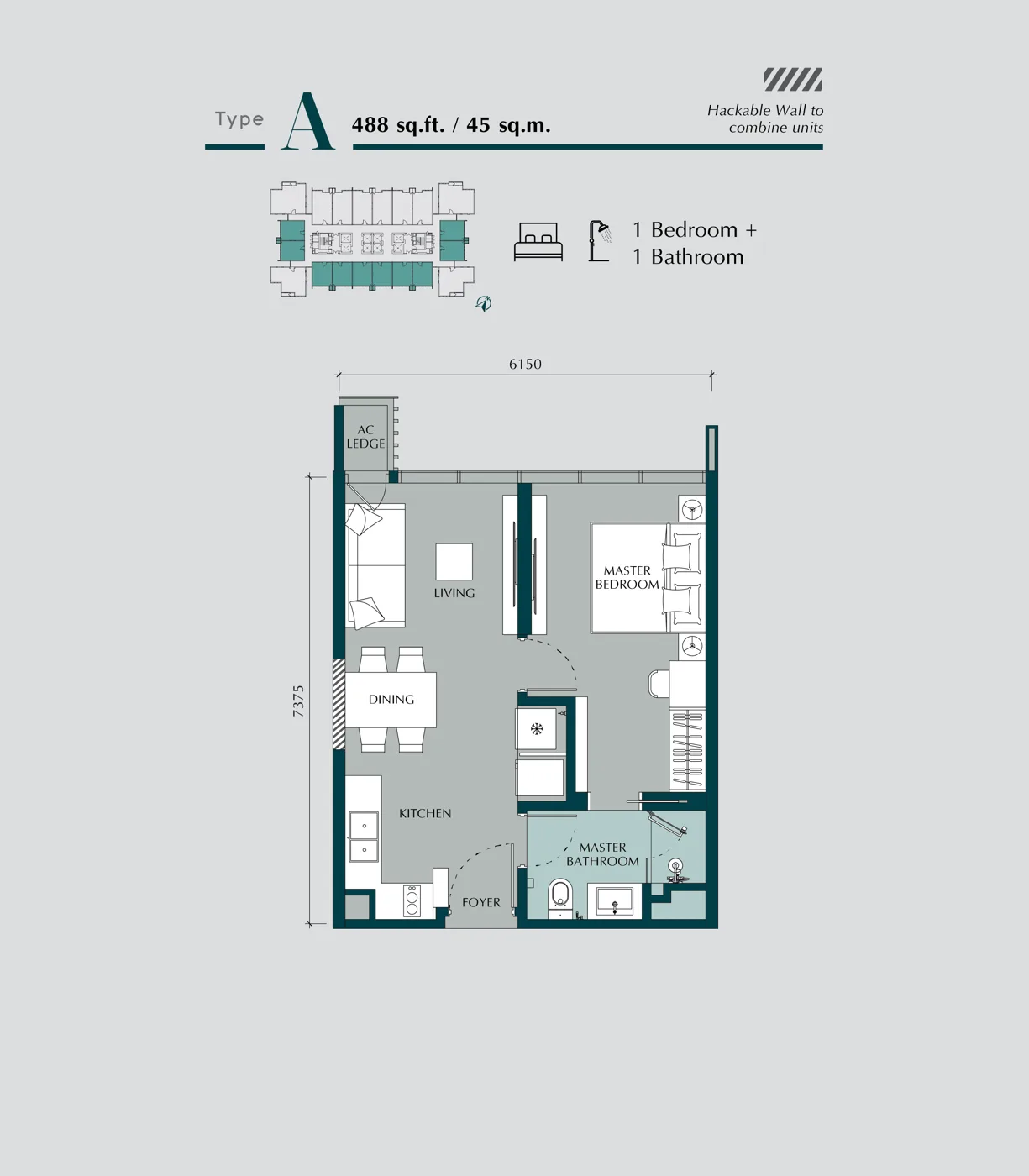 Type A floor plan, 488 sq ft, 1 bedroom, Times Square 2
