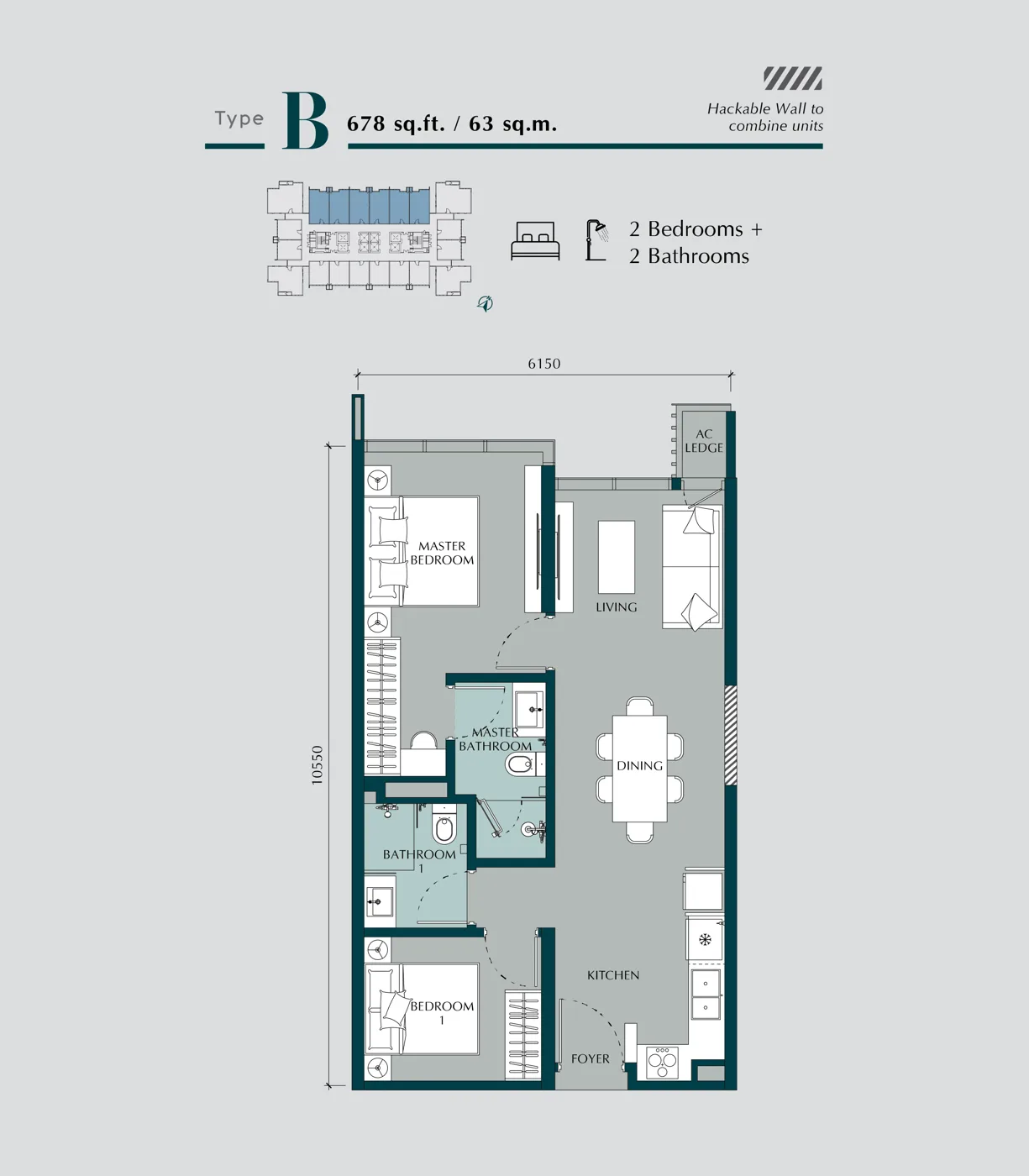 Type B floor plan, 678 sq ft, 2 bedroom, Times Square 2