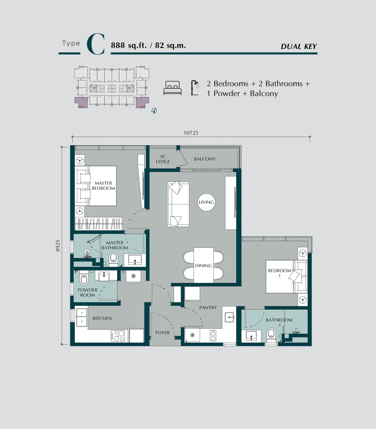 Type C floor plan, 888 sq ft, 2 bedroom dual-key, Times Square 2