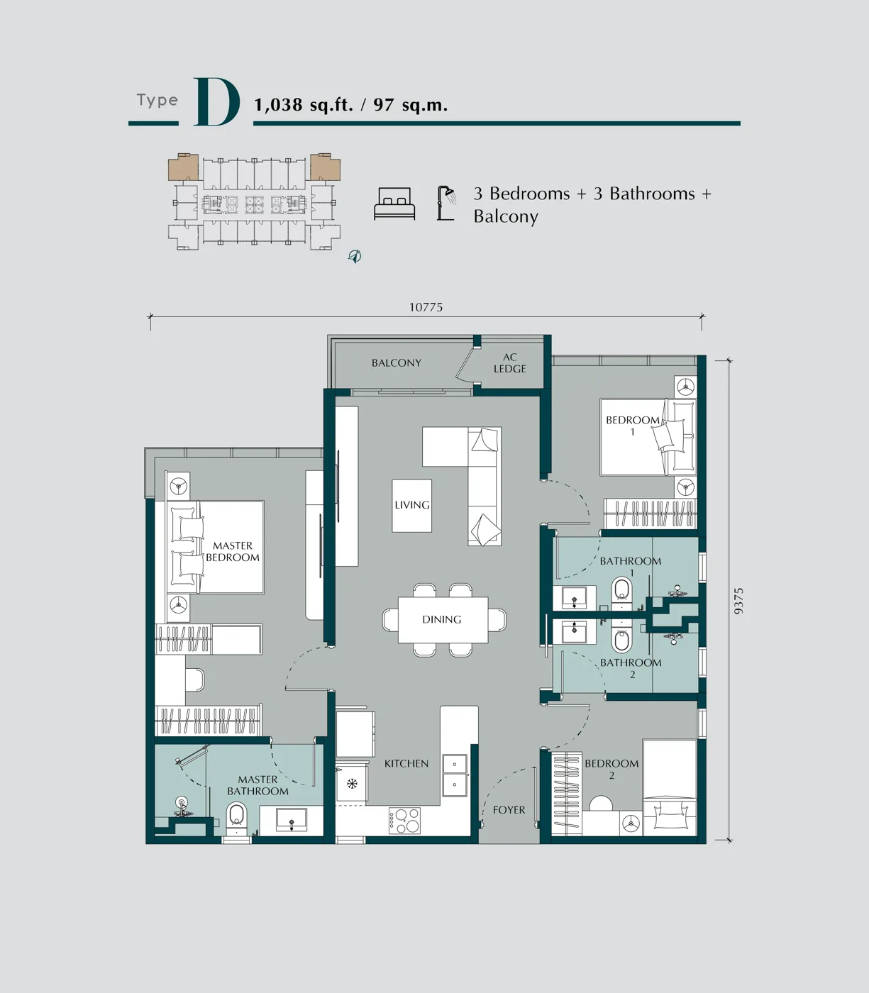 Type D floor plan, 1038 sq ft, 3 bedroom, Times Square 2